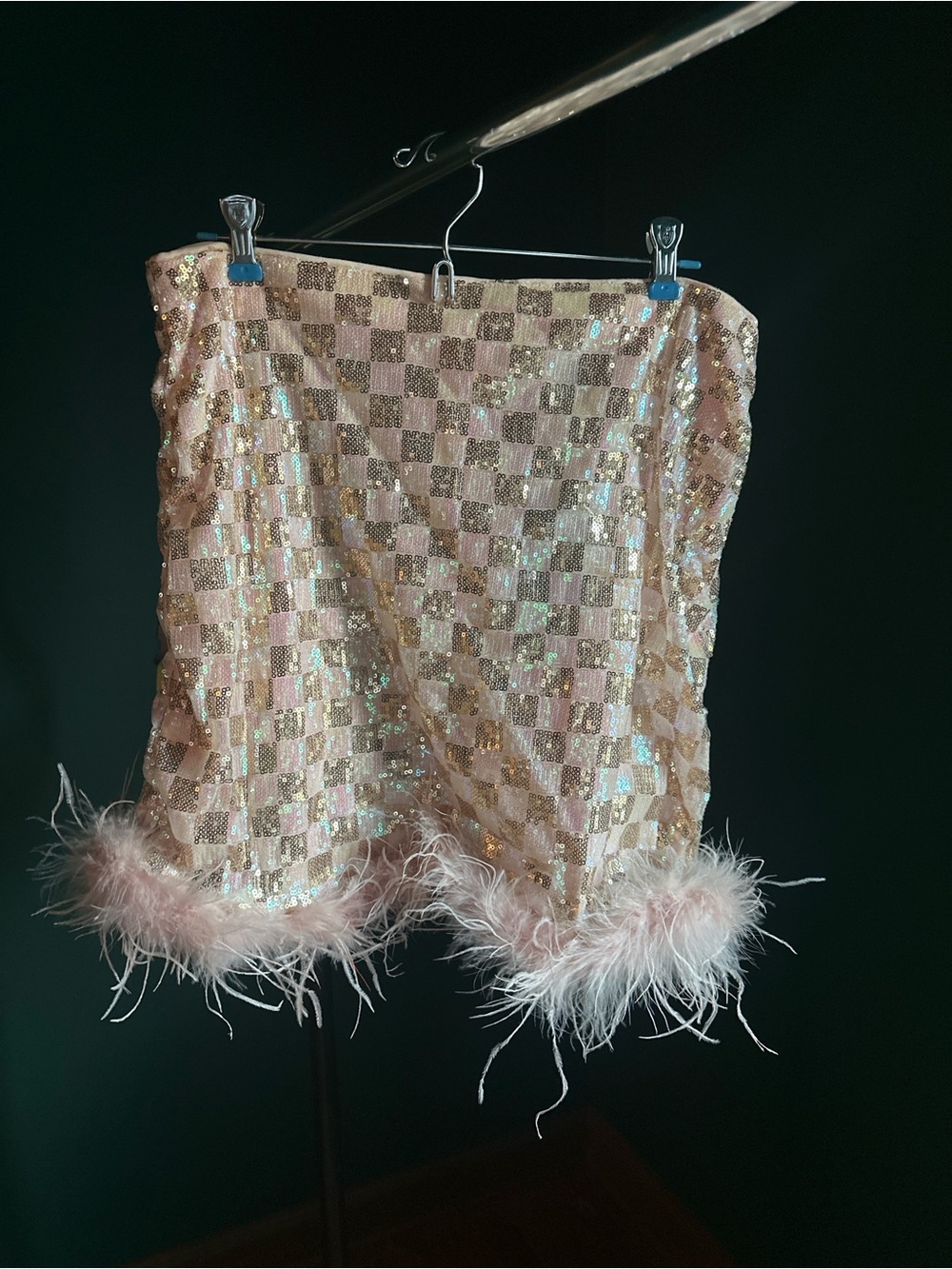 SHEIN Pink Iridescent Checkered Sequin Mini Skirt with Feather Trim